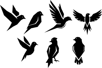 A set of six unique, minimalist black bird silhouettes. They are rendered in a clean, geometric, and modern style, depicting different poses like flying and resting.
