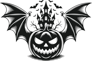 Spooky Halloween Pumpkin with Bat Wings and Haunted Castle T-Shirt Design