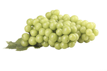 Fresh Green Grapes Cluster with Leaves Isolated on White Background