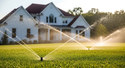 Lawn sprinklers watering grass in front of white house