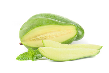 Fresh Green Mango Slices with Mint Leaves on White Background - Tropical Fruit