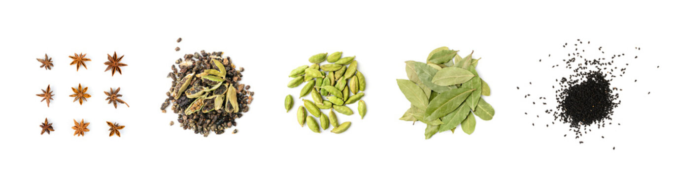 Various spices isolated. Dry indian seasoning collection, assorted condiment set, spice herbs