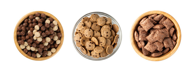 Assorted breakfast cereal piles isolated. Corn flakes mix, various granola food
