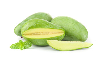 Fresh Green Hainan Mangoes Sliced on White Background with Mint Leaf