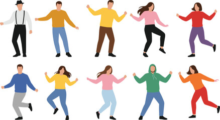 Flat vector illustration of happy diverse people dancing in colorful casual clothes, energetic poses, celebration, fun and youth culture scene