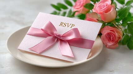Minimalist wedding style, A delicate RSVP card with a pink bow, elegantly placed on a plate next to soft pink roses, creating a charming presentation for an event invitation.