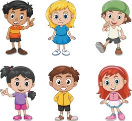 Happy cartoon kids group illustration, diverse children characters in cute outfits, playful young boys and girls standing, vector art for educational and design projects