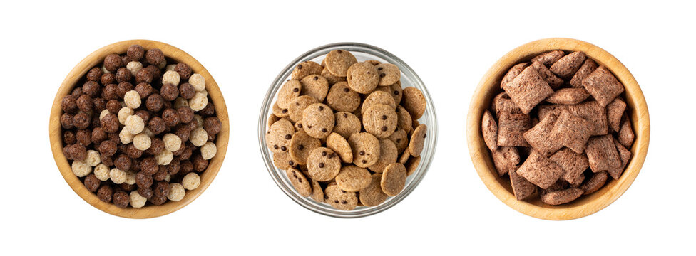 Assorted breakfast cereal piles isolated. Corn flakes mix, various granola food