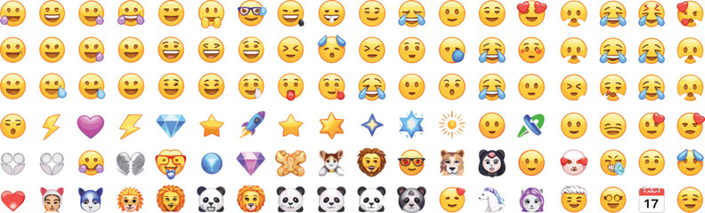 Emoji icons set, smiley faces, emotional expressions, cute animals, heart symbols, star icons, vector illustration for chat, social media design