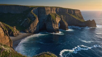Majestic coastal cliffs at sunset with crashing waves and vibrant wildflowers in the foreground