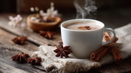 Warm cup of spiced coffee on a rustic wooden table with star anise and cinnamon sticks in a cozy atmosphere