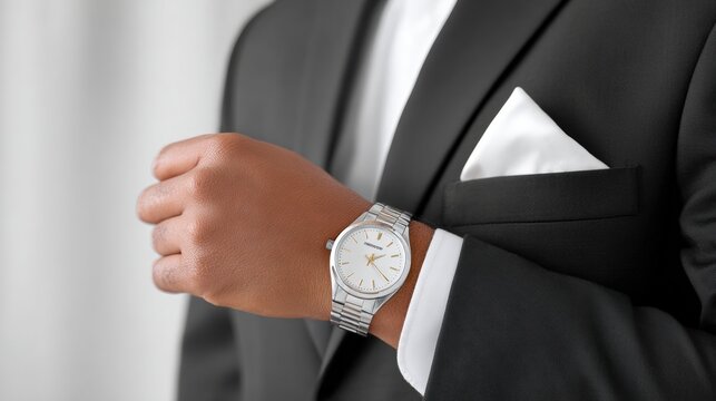 Minimalist wedding style, A stylish wristwatch complements a formal suit, showcasing elegance and sophistication.