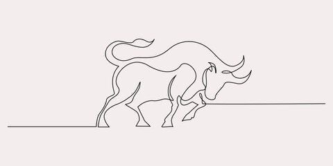 continuous line of a bull in motion. single line drawing of a bull. symbolizes strength, energy, and determination, suitable for financial concepts, stock markets, and power in minimalist designs.