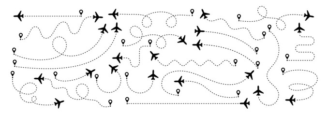 Plane routes. Airplane way line. Dashed lines airplane icons, travel trace, flight path, map pin, location navigation, transport track, aircraft silhouette flying. Vector set