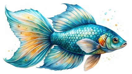 Fototapeta premium Elegant Blue and Gold Fish with Flowing Fins Watercolor Illustration Isolated