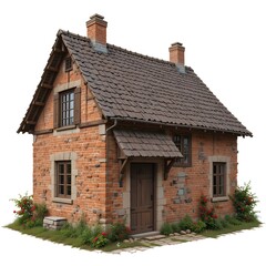Charming brick cottage with a tiled roof and chimney isolated on white background