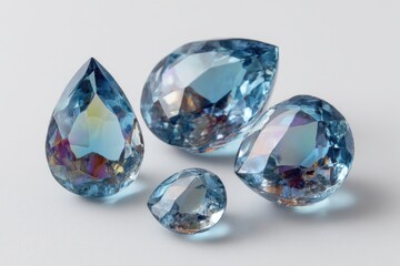 Four faceted, light-blue gemstones on a light background