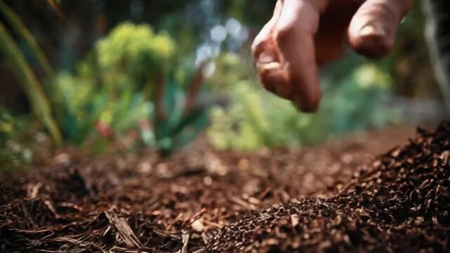 A gardener's hand pressing dark mulch into soil, preparing the garden bed for planting.