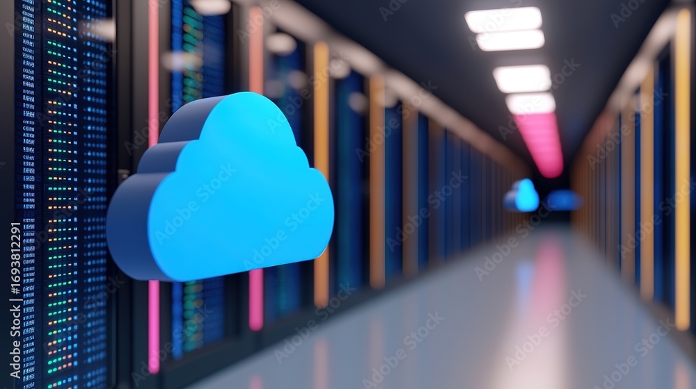 Poster a digital cloud symbol is prominently displayed in a high-tech data center, surrounded by illuminate
