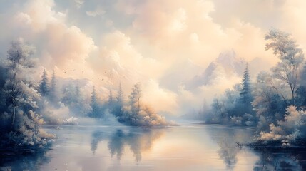 Obraz premium Serene Landscape with Misty Mountains and Reflective Calm Waters