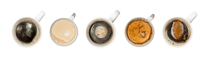 Assorted Hot Coffee Cups Isolated. Many Sweet Hot Drinks in Cups on White Background