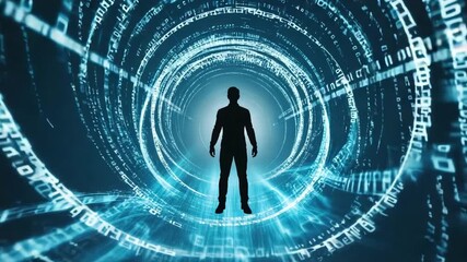 Experience the journey through a digital portal with a silhouetted figure in a futuristic landscape - Powered by Adobe