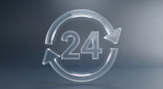Transparent 24 hour service circle with arrows symbol representing availability and support