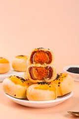 Homemade Chinese Mooncakes with Egg Yolk Red Bean Custard Filling Traditional Asian Dessert