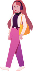 Woman walking, flat vector female character, cartoon smiling girl with brown hair, headphones and bag goes somewhere