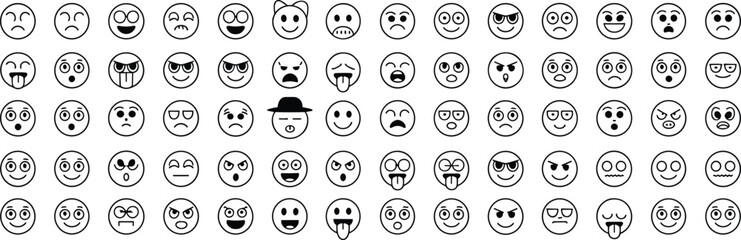 Emoji icons collection showing various emotions and facial expressions including happy, sad, angry, funny, surprised, confused, shocked, cool, and cute