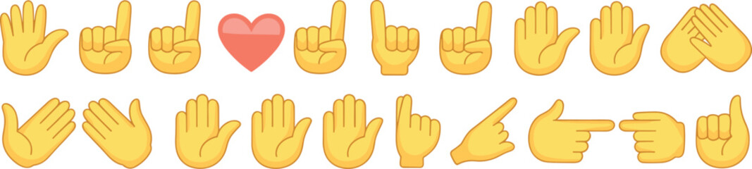 Hand gestures emoji collection showing raised hands, pointing fingers, love heart, open palm, finger pointing directions, and symbolic signs