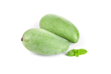 Fresh Green Raw Hainan Mangoes with Mint on White Background