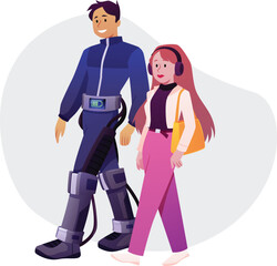 Young woman walking with robotic person, cyborg man with mechanized legs, flat futuristic smart city vector isolated