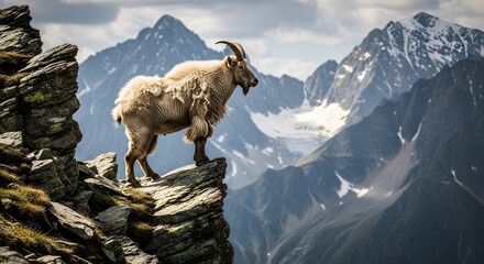 Majestic Ibex Stands Proudly on a Rocky Mountain Cliff Overlooking a Vast Alpine Landscape.