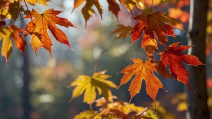 Vibrant autumn leaves in a serene forest, showcasing warm colors and soft sunlight filtering through