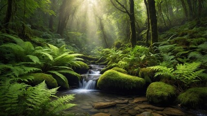 Serene forest landscape with a gentle stream flowing through lush greenery and sunlight filtering through trees