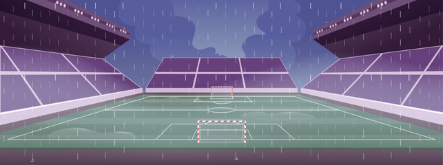Football soccer stadium at rain, vector flat sports game arena in storm weather, football goal, tribune, sliding roof © sabelskaya
