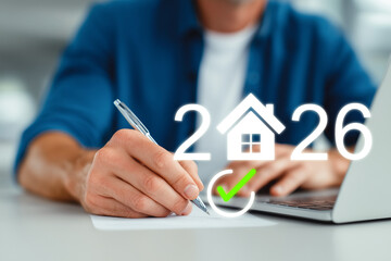 Man signing real estate document with 2026 home icon overlay, representing property investment planning, housing market forecast, and mortgage or rental agreement for the year 2026. generative ai