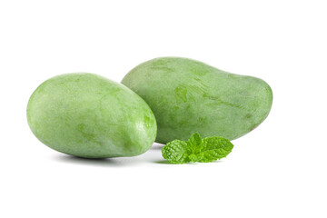 Raw Green Hainan Mangoes with Fresh Mint Leaves on White Background