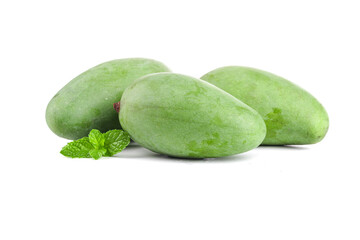 Fresh Green Hainan Mangoes with Mint on White Background - Raw Tropical Fruits