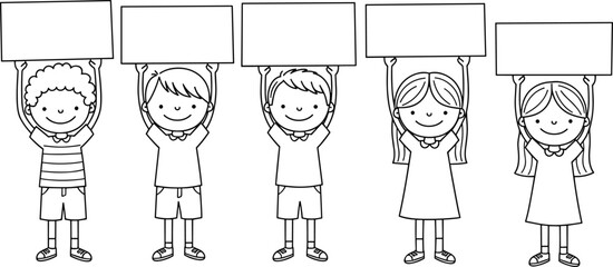 Black and white cartoon kids holding blank signs, smiling boys and girls, educational outline drawing, school poster, coloring page illustration