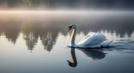 Obraz premium A majestic white swan gracefully swims on a misty lake at sunrise.