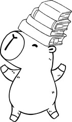 Cute Capybara Reading Carrying Books on Head, Animal Bookish Outline Hand Drawn