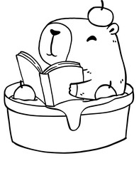 Happy Capybara Reading Book in Tub with orange on head, Animal Bookish Outline Hand Drawn
