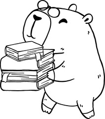Happy Capybara Carrying Book wear glasses, Animal Bookish Outline Hand Drawn.