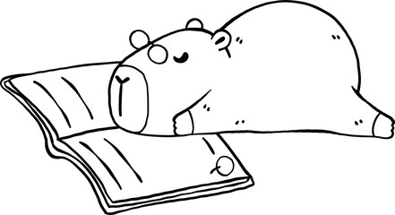 Hand Drawn of Capybara Sleeping on a Book, animal reading Outline..