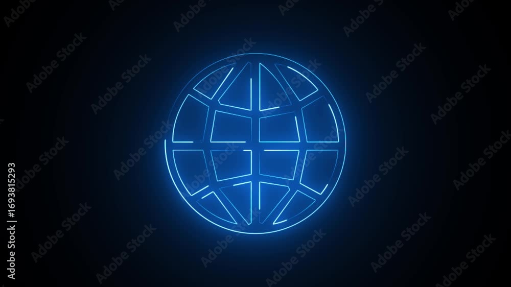 Poster glowing neon icon of a globe or world grid on a black background animation.