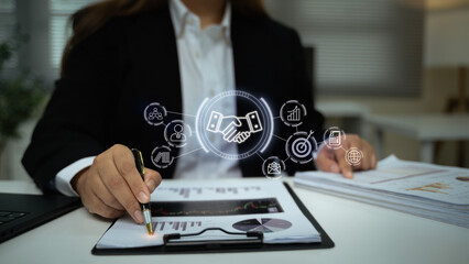 Corporate deal and contract signing with digital technology overlay for partnership and growth strategy