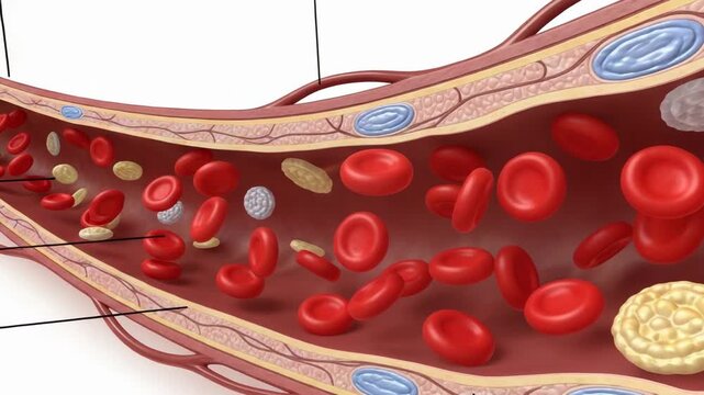 Animated cross-section view inside a blood vessel showing tunica layers, red blood cells, and blood flow for medical and educational purposes.