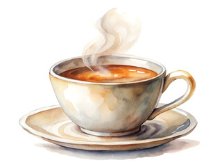 Watercolor painting of a steaming cup of coffee on a saucer, isolated on white background